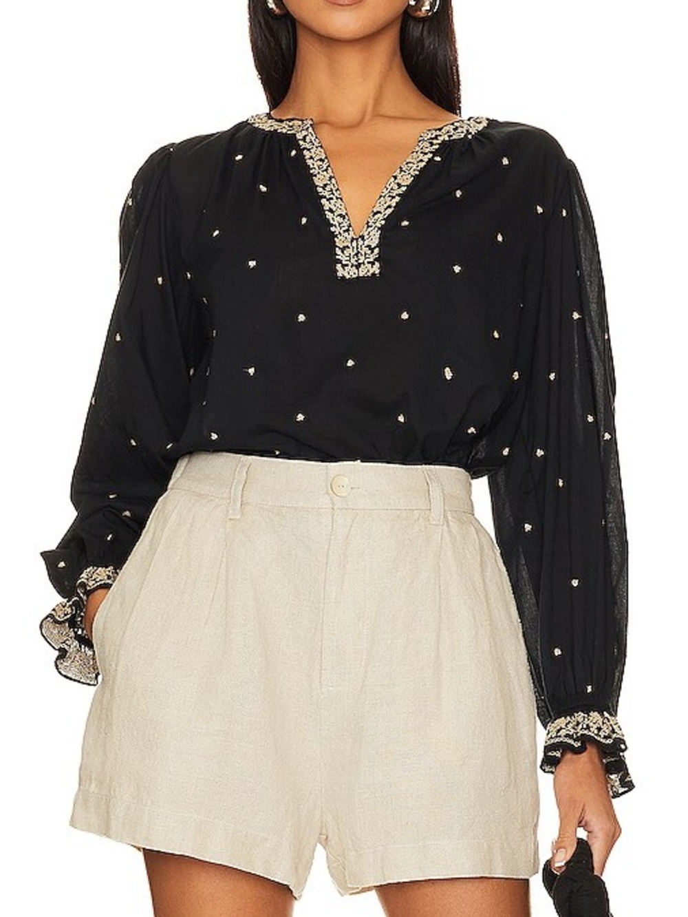 Velvet by Graham & Spencer Black Peasant Top Cream Embroidery Boho Cotton XS